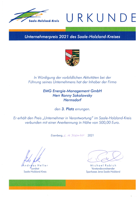 Urkunde Unternehmerpreis